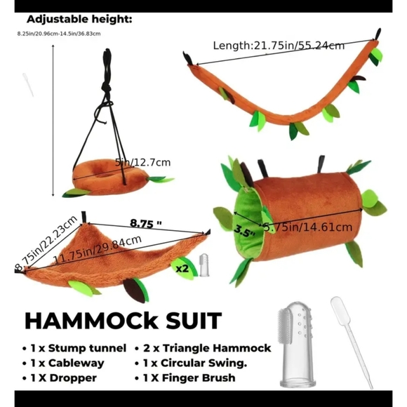 5-pc Plush Hammock Swing Set bed, Tunnel hammock etc 4 sugar gliders & sm pets - Picture 3 of 13